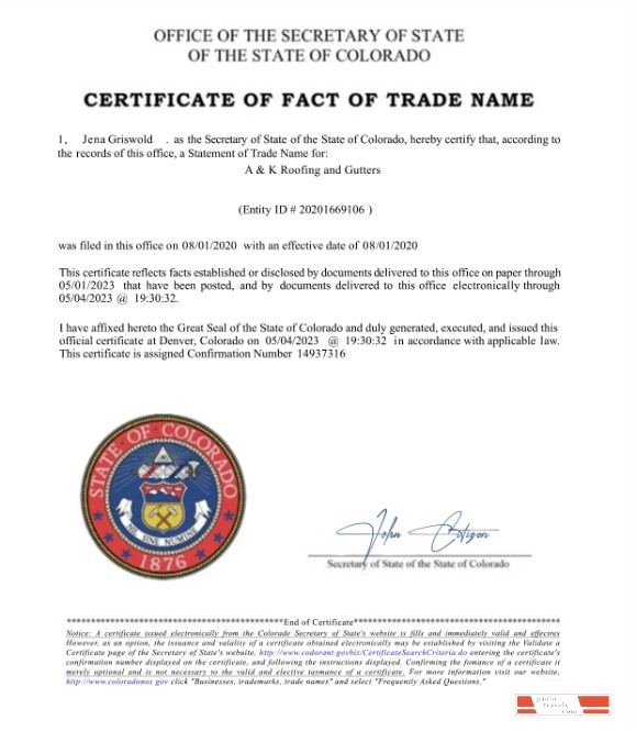 USA Colorado Certificate of fact of trade name